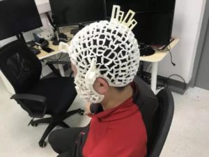脳波ヘルメットの装着の様子